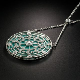 French Guilloche Enamel Edwardian Diamond Pendant Necklace