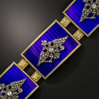 French Imperial Russia Coat of Arms Blue Enamel Diamond Plaque Bracelet - 1