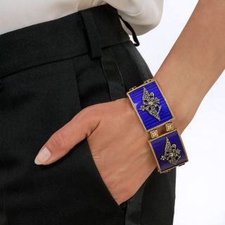 French Imperial Russia Coat of Arms Blue Enamel Diamond Plaque Bracelet