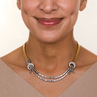 French Import Retro Rose Gold and Platinum Diamond Necklace