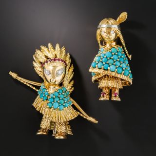 French Indian Turquoise Ruby Diamond Pins