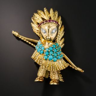 French Indian Turquoise Ruby Diamond Pins