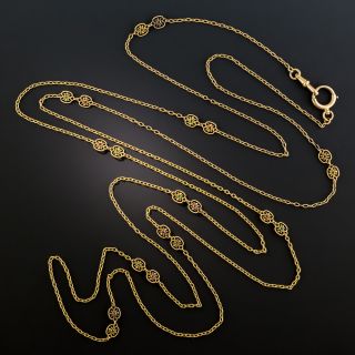 French 18K Gold Long Chain with Emeralds and Rubies