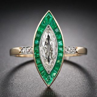 French Marquise Diamond and Calibre Emerald Ring