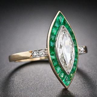 French Marquise Diamond and Calibre Emerald Ring