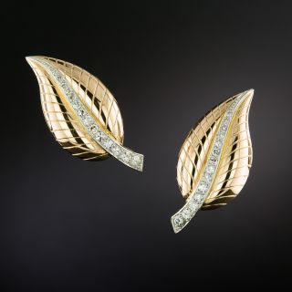 French Mid-Century 18K Diamond Leaf Earrings - 4