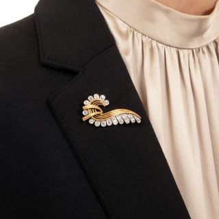 French Mid-Century 18K Diamond Scroll Brooch