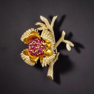 Mid-Century Chestnut Bud with Ruby Interior Brooch, French - 3