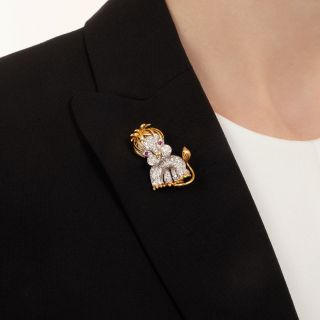 Mid-Century Diamond and Ruby Lion Cub Brooch
