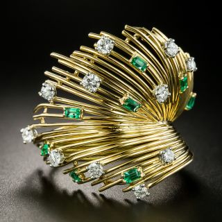 French Mid-Century Emerald and Diamond Feather Ring - 2