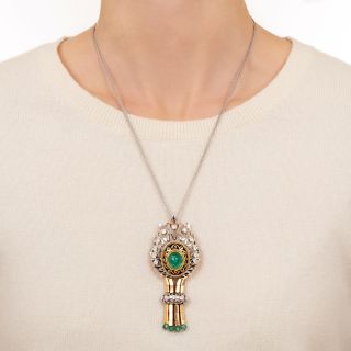 French Mid-Century Emerald and Diamond Necklace and Earring Set - GIA F1