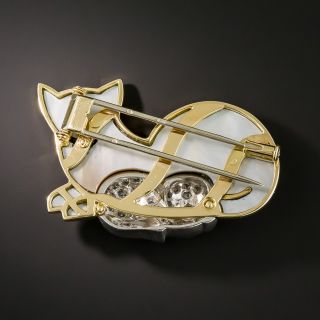 French Mother-Of-Pearl Diamond Cat Brooch