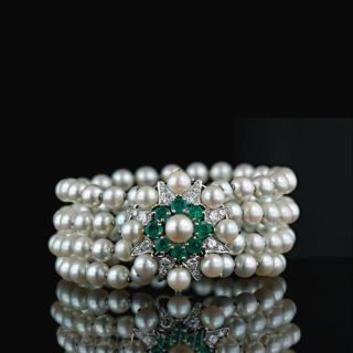 French Pearl  Diamond and Emerald Convertable Bracelet   Pin Main View