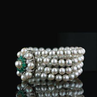 French Pearl, Diamond and Emerald Convertable Bracelet / Pin