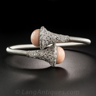 French Platinum Coral and Diamond Springy Bangle Bracelet - 1