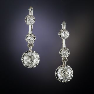 French Platinum Diamond Vintage Drop Earrings - 2