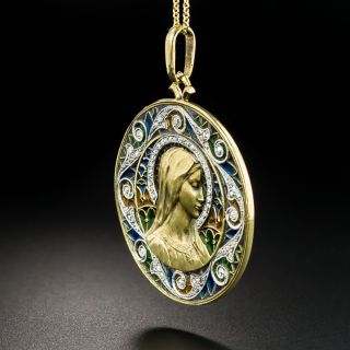 French Plique a Jour and Diamond Virgin Mary Medallion 