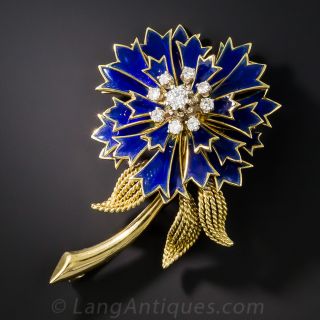 French Plique-a-Jour Mid-Century Flower Brooch