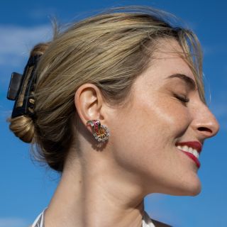 French Retro Ruby and Diamond Leaf Earrings 