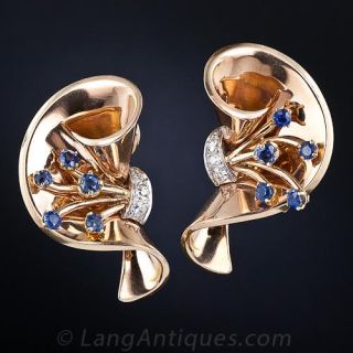 French Retro Sapphire and Diamond Earrings