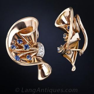 French Retro Sapphire and Diamond Earrings