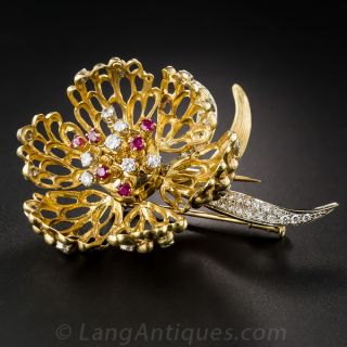 French Ruby and Diamond Flower Brooch - Blooms and Closes