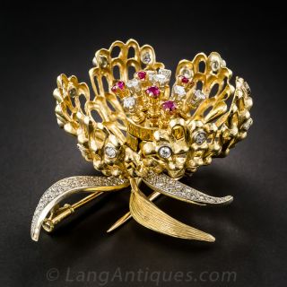 French Ruby and Diamond Flower Brooch - Blooms and Closes