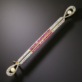 French Ruby, Diamond And Natural Pearl Bar Pin - 3
