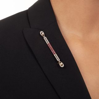 French Ruby, Diamond And Natural Pearl Bar Pin