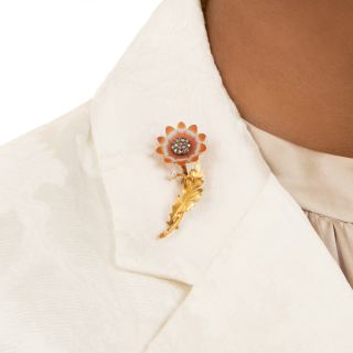 French Sardonyx and Diamond Flower Brooch