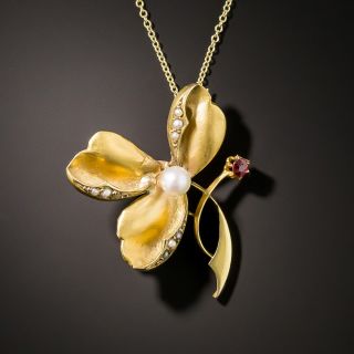 French Three-Leaf Clover with Pearl and Ruby Pendant/Brooch - 4