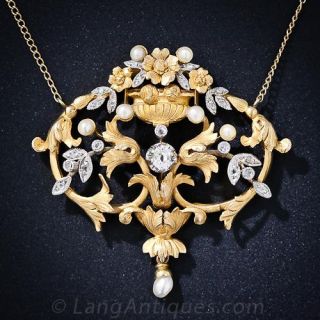 French Turn-of-the-Century Diamond and Pearl Necklace