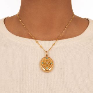 French Turquoise and Pearl Locket Necklace, Circa 1900