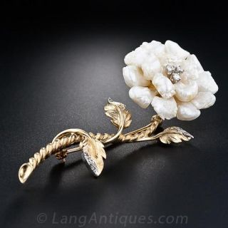 Freshwater Pearl and Diamond Flower Brooch