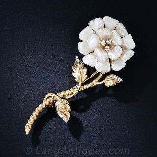 Freshwater Pearl and Diamond Flower Brooch