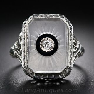 Frosted Crystal, Diamond & Onyx Art Deco Ring