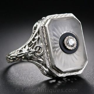 Frosted Crystal, Diamond & Onyx Art Deco Ring