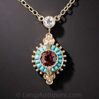 Garnet, Diamond, and Turquoise Circle Necklace