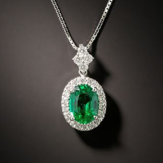 Gem 1.11 Carat Oval Emerald and Diamond Halo Necklace - No Clarity Enhancement - 2