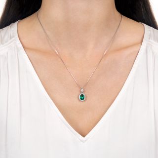 Gem 1.11 Carat Oval Emerald and Diamond Halo Necklace - No Clarity Enhancement