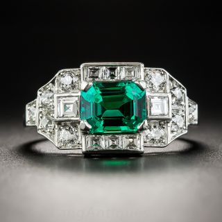 Gem 1.15 Carat Emerald and Diamond Art Deco Ring - GIA 'No Clarity Enhancement' - 1
