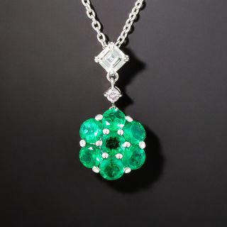 Gem Emerald Flower and Diamond Pendant - 2