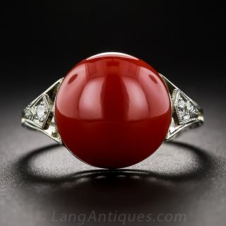 Gem Red Coral and Diamond Art Deco Ring