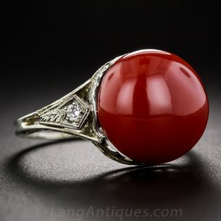 Gem Red Coral and Diamond Art Deco Ring