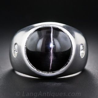 Gent's Black Cat's-Eye Diopside and Diamond Ring