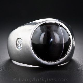 Gent's Black Cat's-Eye Diopside and Diamond Ring