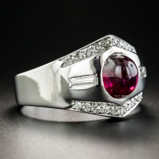 Gent's Platinum Natural Cabochon Ruby Platinum and Diamond Ring