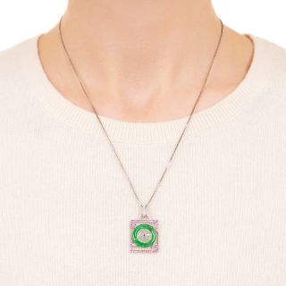 Geometric Jade, Pink Sapphire, Diamond and Chalcedony Pendant