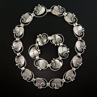 Georg Jensen Silver Leaf Suite with Necklace, Bracelet, Brooch, and Earrings