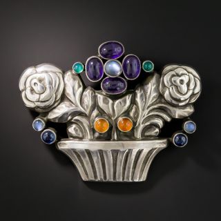 Georg Jensen Silver Multi-Gem Flower Basket Brooch #67 - 2